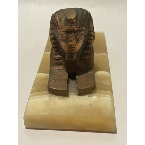 Sphinx Vintage Decoration Egyptian Pharaoh Brass Folk Statue Figurine On Marble - Picture 5 of 12